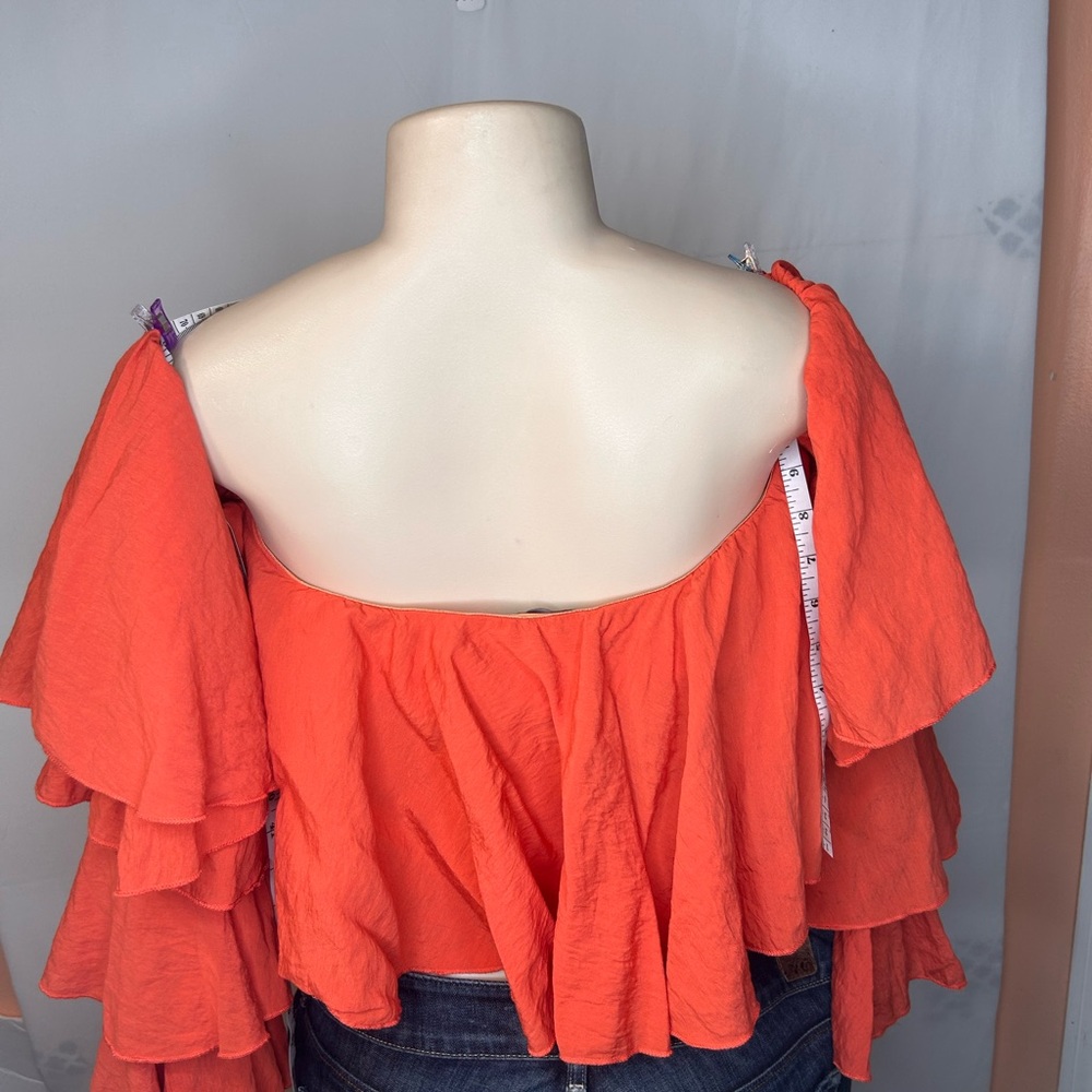 PRETTYLITTLETHING BRIGHT ORANGE WOVEN BARDOT TIERED SLEEVE CROP TOP SIZE 8 - Picture 7 of 14